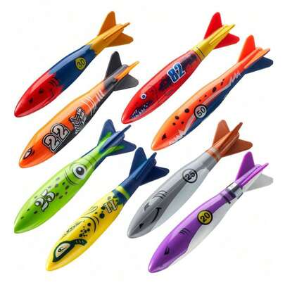 8/16件套潜水鱼雷泳池配件套装，水下鲨鱼，潜水滑梯鱼雷，彩色漂浮投掷玩具，夏季游泳潜水训练水上运动泳池游戏（鲨鱼主题）