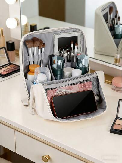 This Magnetic Stand-Up PU Leather Cosmetic Bag Includes A Makeup Mirror, Is Multifunctional, Portable, And Has A Large Capacity. It Features Compartmentalized Storage For Cosmetics, Beauty Tools, Hair Styling Tools, And Nail Polish, And Can Be Placed On A Luggage Rack.