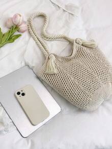 新款休闲手提包，手工草编大容量沙滩包，镂空设计 - 米色 - 查看 8