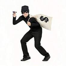 4pcs Christmas New Thief Costume Set, Includes Canvas Bag Backpack Gloves Blindfold Hat, Party Burglar Prisoner Cosplay, Imaginative Outdoor Outfit, Unisex Fashion Basic, All Seasons - Multicolor - View 1