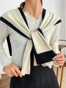 Dual-Color Knitted Shawl, Fashionable And Versatile Women's Shoulder Shawl Spring And Summer - Beige - 查看 7