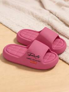 Unisex Thick-Sole Slide Sandals – Minimalist Letter Print Design, One-Piece EVA Soft Non-Slip Shock-Absorbing Sole, Quilted Texture Cloud-Like Comfort, Dual-Use For Home & Outdoor Wear, Fashion Slide Slipper Item - Hồng đỏ - Xem 6