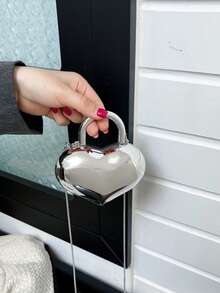 Glossy Heart-Shaped Metal Chain Bag, Sweet & Cool Mini Handbag, Party Style Shoulder Crossbody Bag - Multicolor - View 15