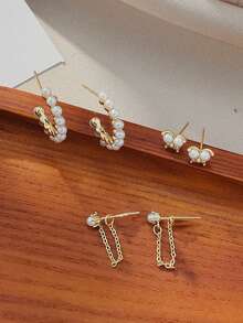 6pcs/Set New Fashionable Minimalist Pearl C-Shaped Luxury Earring Set, Elegant Stylish Personalized Pearl Jewelry Set, Gift - Earring Set - View 4