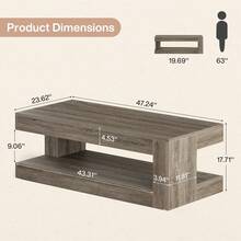 LITTLE TREE Coffee Table For Living Room, 47.24-Inch Farmhouse 2-Tier Center Table With Storage, Rectangular Cocktail Table (Elegant Grey) - Grey - View 5