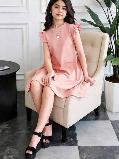 Vestido negro con volantes para niñas, estilo casual diario, adecuado para el hogar, fiestas y compras