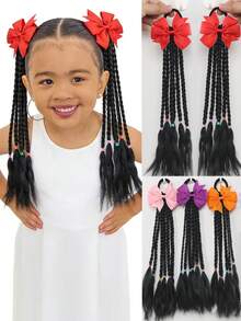 2pcs KidsTwists Braid Synthetic Double Ponytail Wig Braid Girl Bow Tie Skin Strand Tie Hair Twist Braid Sweet Hair Ornament - Natural Black - View 2