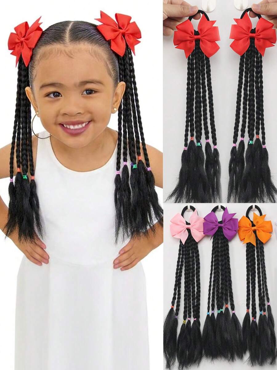 2pcs KidsTwists Braid Synthetic Double Ponytail Wig Braid Girl Bow Tie Skin Strand Tie Hair Twist Braid Sweet Hair Ornament