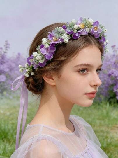 1pc Elegant Purple Floral Wreath Hair Accessory, Adjustable Ribbon Decor, Forestry Style Headband For Girls, Non-Slip & Hair-Friendly