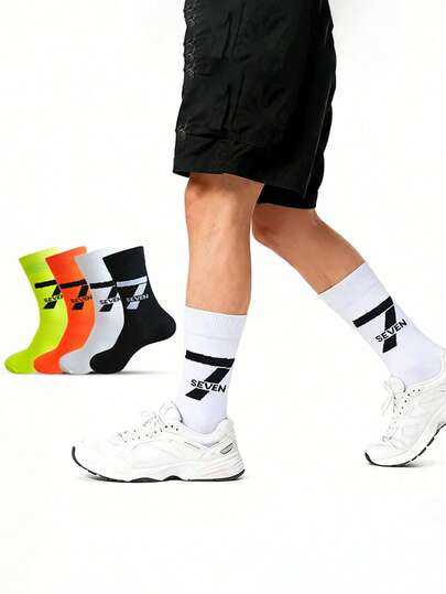 1/4 Pair Random Men's Casual Breathable Digit 67 & Letter Print Sports Mid-Calf Socks, Spring/Summer