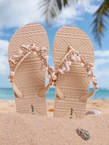 Evertop Surf 1 đôi dép xỏ ngón nữ thời trang, trang trí chuỗi đính đá thủ công hình vỏ sò và sao biển, phong cách đi biển mùa hè, dép xỏ ngón phối mẹ và bé đính đá vỏ sò và sao biển, đế mềm thoải mái cho nữ - Màu be - Xem 6