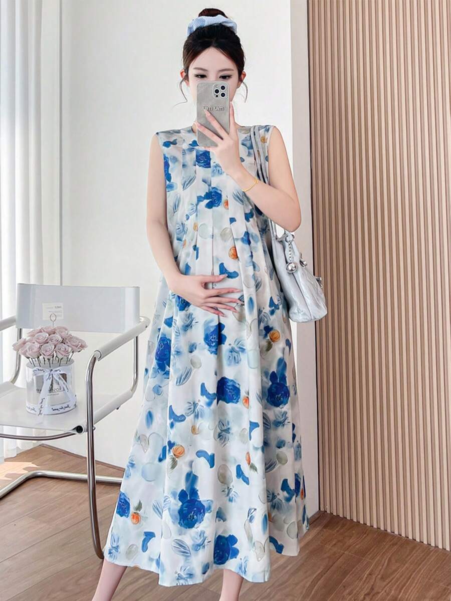 极简主义新款夏季水墨画宽松孕妇中长连衣裙度假 - 藍色 - 查看 1