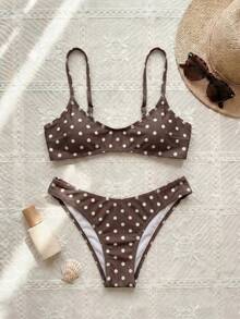 New Arrival Spring/Summer Bohemian Style Adjustable Strap V-Neck Polka Dot Sexy Bikini Set, Suitable For Beach, Vacation, Party - Coffee Brown - View 2