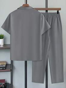 Plus Size Men's Loose Short Sleeve Pants Set, Woven Non-Stretch Solid Color Straight Lapel Casual Commuter 2-Piece Outfit - Grey - View 8