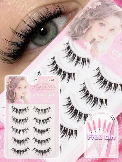 5对浓密纤长、自然无阻的假睫毛，配有佩戴舒适便捷的工具。新手必备，3D卷翘，柔软时尚的交叉假睫毛。适合约会、派对、日常出行、旅行、角色扮演等各种场合，例如演唱会服装，并可搭配各种妆容。