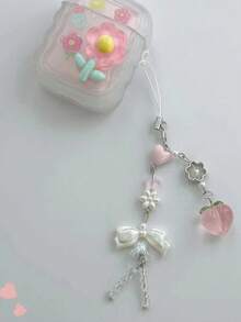 1pc Women's Fresh Peach Shaped Pendant Heart Flower Beaded Cell Phone Strap Keychain Pendant Bag Decoration Earphone Case Pendant Accessory, Great Gift For Family And Friends Valentine's Day Valentines Car Accessories Bag Charm School Cute Goth Y2k - Beaded Mobile Phone Chain - View 4