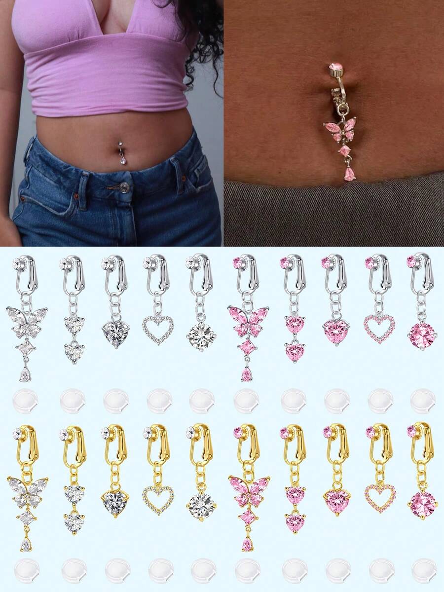 5件装蝴蝶心形爱心立方氧化锆假肚脐环，女士假肚脐环，夹式肚脐环，假肚脐环，无需穿孔饰品，附赠5个硅胶垫 - 彩色 - 查看 1