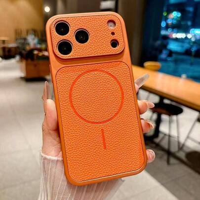 时尚高端橙色荔枝纹皮革质感磁吸手机壳，适用于 17 Pro Max、16 Pro、新款15、14、13，防摔时尚手机壳，男女通用