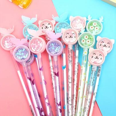 10pcs/Set Assorted Colorful Gel Pens - Multi-Color Mix, Pastel Design | Butterfly & Flower Patterns, Glitter Accents, Ideal For Valentine's Day Gifts And Party Favors, Student Stationery, Fun Shapes, Adorable Pens