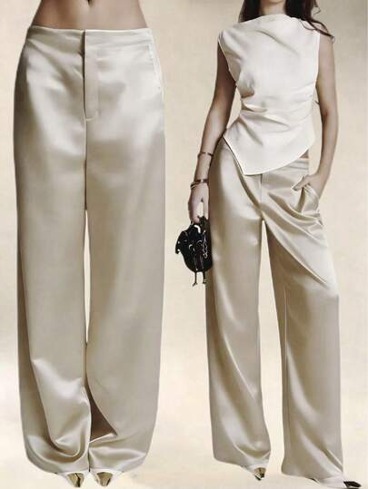女士缎面真丝纯色长裤，带口袋和拉链，适合度假、办公、早午餐、机场等场合，四季皆宜，春季百搭。