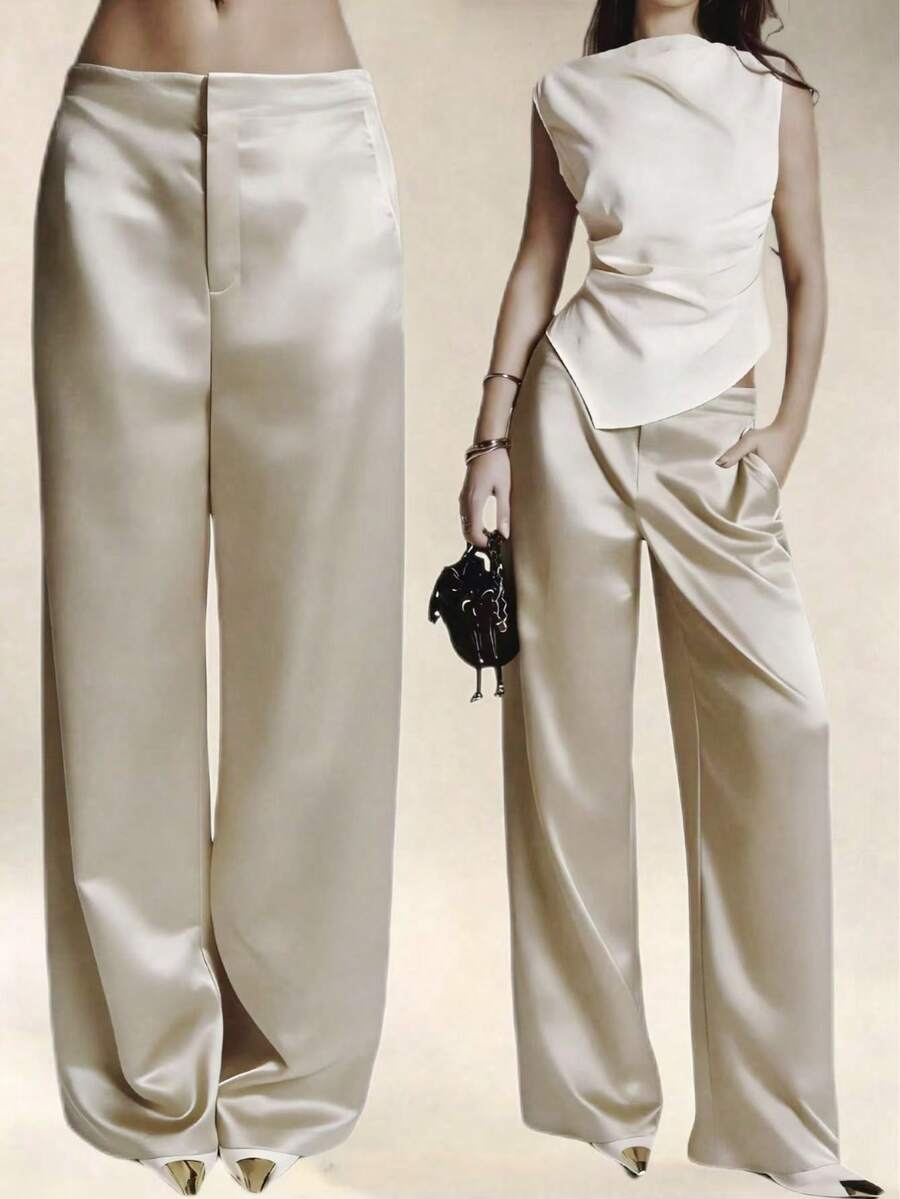 Quần dài nữ bằng lụa satin màu trơn có túi và khóa kéo, thích hợp cho kỳ nghỉ, công sở, tiệc trưa, trang phục sân bay, mọi mùa xuân. - Rượu sâm banh - Xem 1