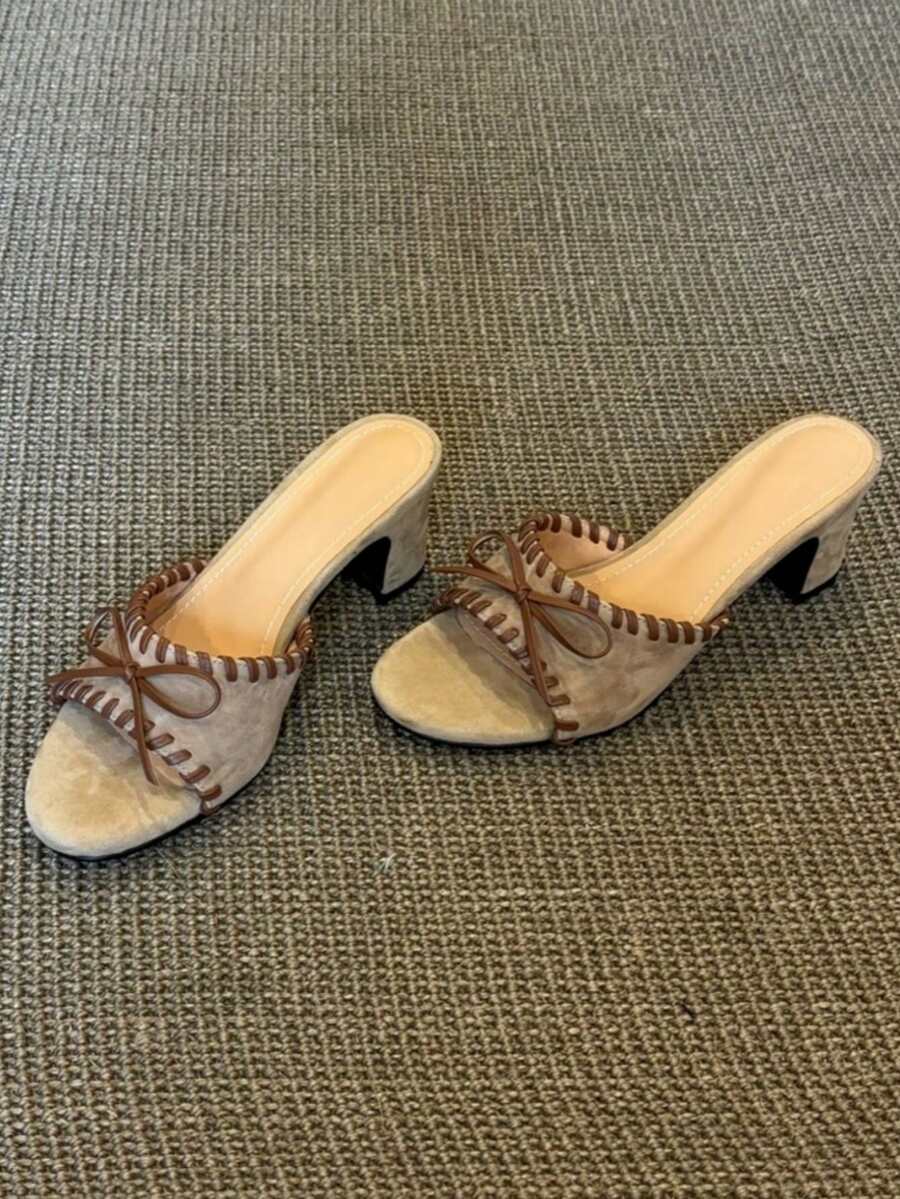 French Retro Woven Slippers For Women, Summer New Stylish High Heel Thick Heel Sandals - Khaki - View 1