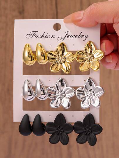 2-12pcs Fashion Tri-Color Teardrop & Floral Design Stud Earrings, Suitable For Women's Daily, Party, Holiday, Vacation Wear, Perfect Gift Choice