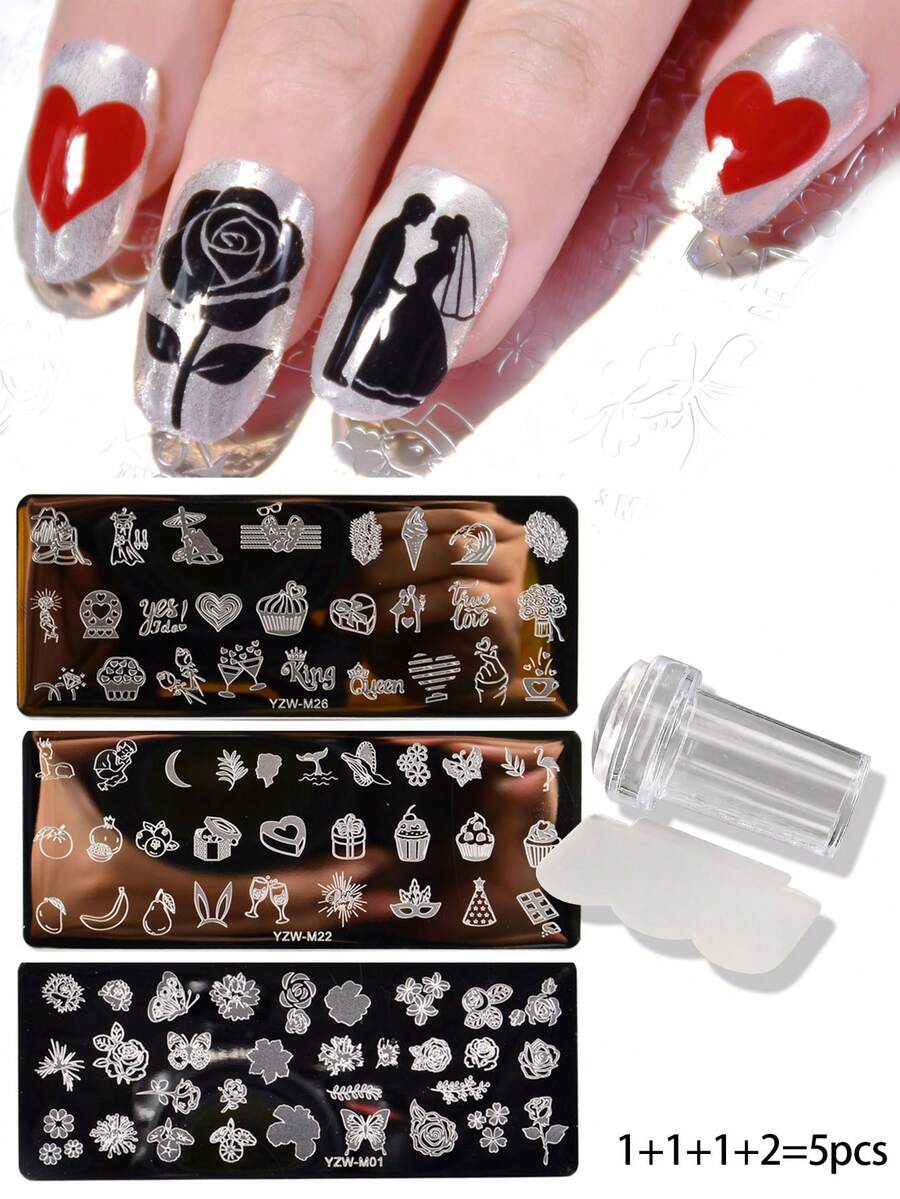 5pcs Nail Art Stamping Plate & Scraper Set, Spring Heart & Rose Flower Wedding Couple Gift Box, DIY Nail Polish Printing Template Tools
