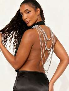 Rhinestone Multi-Layer Back Chain With Large Rhinestone Tassel Bling Show Field Street Photo DJ Bride Versatile Necklace Adjustable,European And American Multi-Layer Back Chain Exaggerated Design Rhinestone Back Chain Suit Versatile Necklace,Autumn And Winter Fashion Outfit Collocation; - Multicolor - View 5