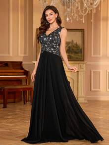 UNITHORSE [Random Cut] Women's V-Neck Floral Sequin Splicing Chiffon Criss-Cross Waist Elegant Party Evening Dress - Black - View 4