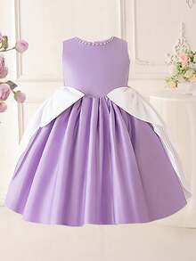 Young Girls' Sleeveless Beaded Contrast Color Big Bow Satin Elegant Flower Girl Dress, Suitable For Piano Recital, Wedding, Graduation, Prom, Celebration Events, Faux Pearl Decor (Headband Not Included) - Mauve Purple - View 4