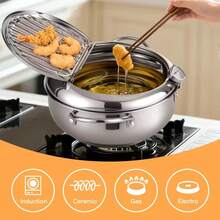 Premium Stainless Steel Compact Deep Fry Pan With Precise Thermometer, Secure Lid & Convenient Drip Rack, Ideal For Tempura, French Fries, Shrimp, Chicken Wings & Various Homemade Fried Foods, Perfect Small-Size Deep Frying Pot - View 1