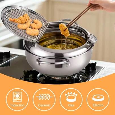 Premium Stainless Steel Compact Deep Fry Pan With Precise Thermometer, Secure Lid & Convenient Drip Rack, Ideal For Tempura, French Fries, Shrimp, Chicken Wings & Various Homemade Fried Foods, Perfect Small-Size Deep Frying Pot