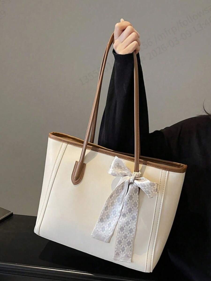 Fashionable Solid Color Scarf Decor PU Tote Bag, Large Capacity Commuter Vintage Minimalist Shoulder Bag, Versatile Handbag Suitable For Women - 米色 - 查看 1