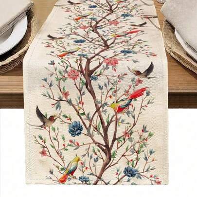 1pc Spring Bird & Floral Print Table Runner, Suitable For Holidays, Parties, Birthdays, Dinner, Kitchen & Dining Room Table Decor, Applicable For All Seasons, Home Textile Decoration