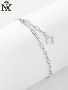 SYMFNY 1条925纯银简约基础款链条，配镂空四叶草吊坠手链 - 銀色 - 查看 2