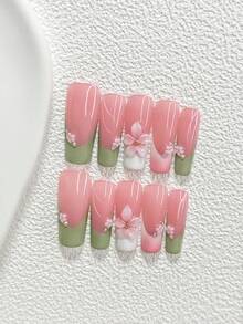 10pcs Premium Elegant Acrylic Nail Art Set, Handmade 5-Petal Flower Nail Decorations, Silver Rhinestone Accents, Pink 3D Camellia, Green Nail Polish, Includes Nail Tools (1 Jelly Sticker + 1 Nail File), 3 Sizes Available: Almond, Duck Mouth, Coffin Shape, Suitable For Women And Girls Press On Nails - Nhiều màu - Xem 17