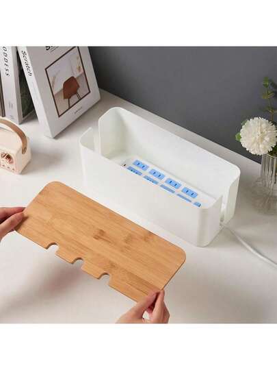 Large Wooden Grain Cable Management Box, Suitable For Under Desk TV Cords, Computer Cables, USB Hubs And Power Sockets, Made Of ABS Material