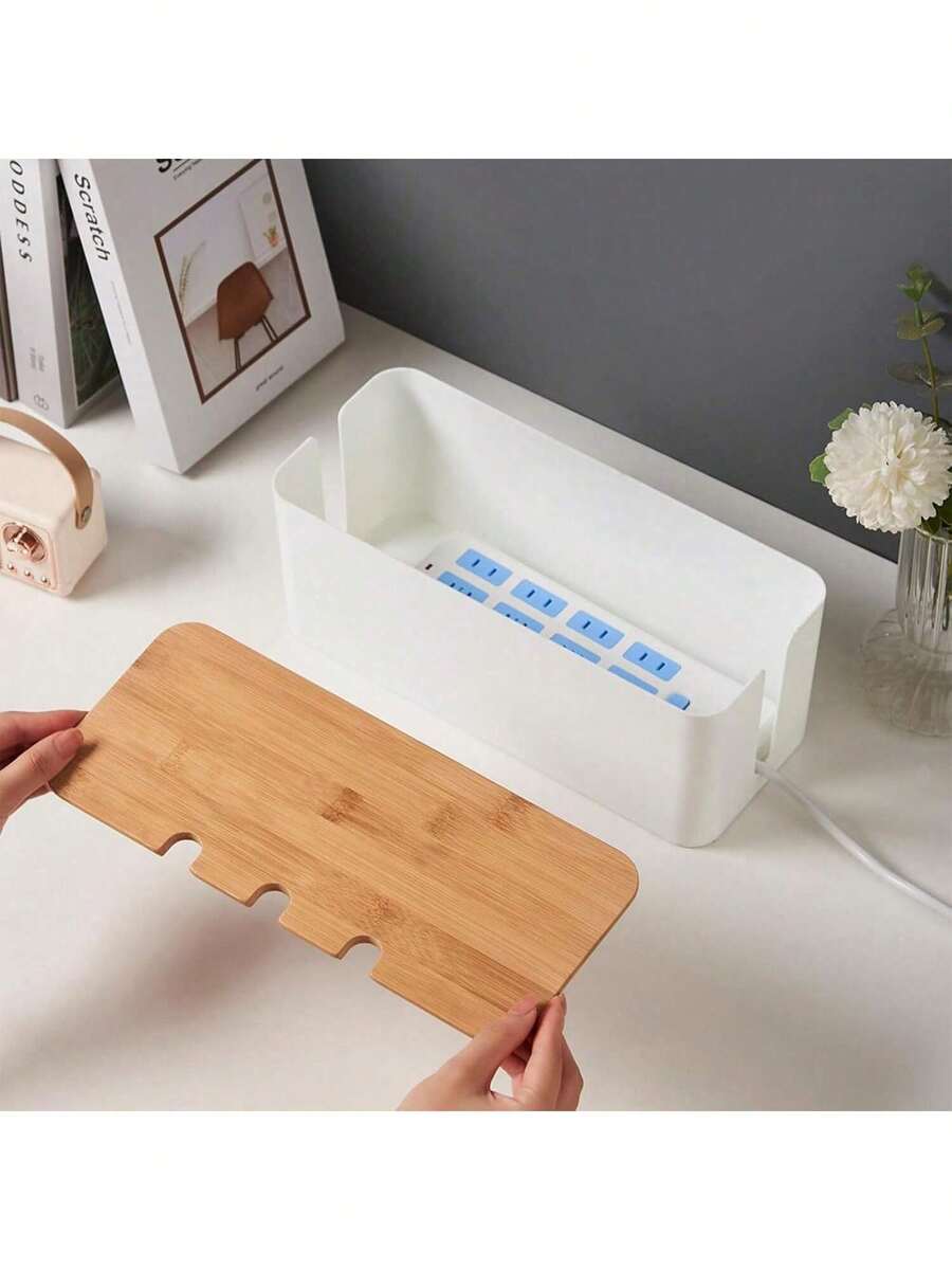 Large Wooden Grain Cable Management Box, Suitable For Under Desk TV Cords, Computer Cables, USB Hubs And Power Sockets, Made Of ABS Material - Multicolor - View 1
