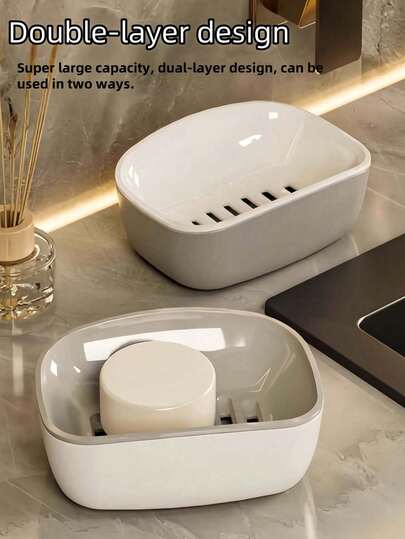 1pc Double Layer Soap Dish, Home Bathroom Draining Soap Holder, Double Deck Large Soap Tray, Washroom Soap Case, Two Layers Can Be Used Separately, Double Layer Utilization, Space Saving
