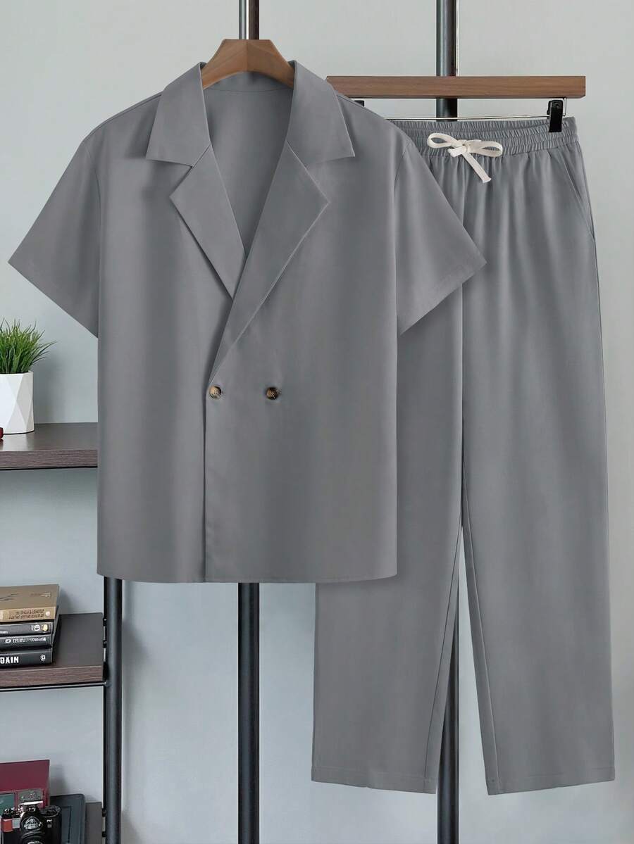 Plus Size Men's Loose Short Sleeve Pants Set, Woven Non-Stretch Solid Color Straight Lapel Casual Commuter 2-Piece Outfit - Grey - View 1