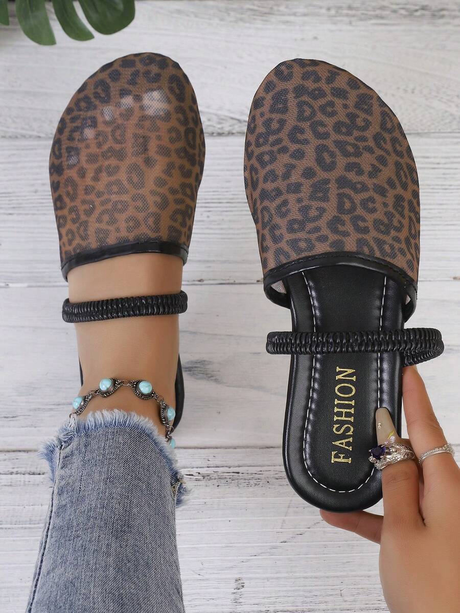 New Women Mesh Leopard Print Flat Slippers, Casual Fashion Comfortable Retro Elegant Wear-Resistant Daily Versatile Style - Brown - View 1
