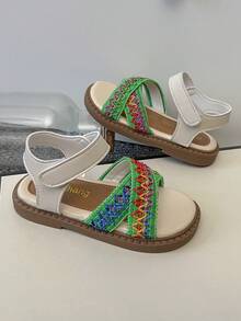 1 Pair 2026 Girls' Colorful Embroidered Crochet Sandals, Adjustable Laces, Round Toe Design, Flat, Bohemian Style Children's Sandals, Suitable For Daily Outdoor Activities, Beach And Summer Wear - Cadet Blue - View 7