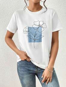Camiseta Casual para mujer con corte holgado, estampado floral, cuello redondo y manga corta. Adecuada para verano. - Blanco - Ver 3