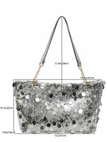 1pc Fashionable Large Capacity Party Sequin Glitter Women's Shoulder Tote Bag, Suitable For Party, Banquet, Travel - Silver - View 9