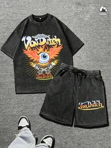 Mens Creative Von Dutchh Eye Flame Print T Shirt Set American Vintage Full Print Streetwear Essential T Shirt Set Men Graphic T Shirt And Shorts Set - 黑色 - 查看 1