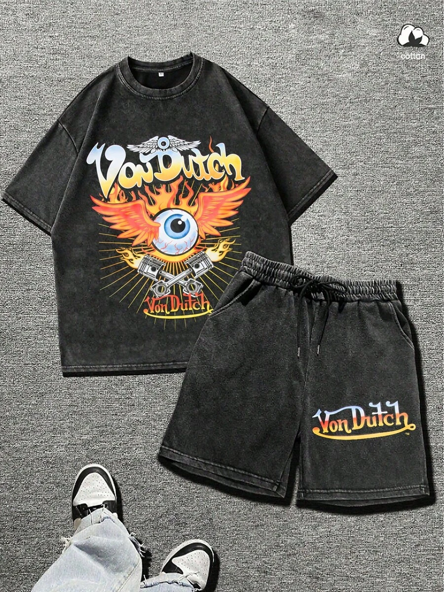 Mens Creative Von Dutchh Eye Flame Print T Shirt Set American Vintage Full Print Streetwear Essential T Shirt Set Men Graphic T Shirt And Shorts Set - 黑色 - 查看 1