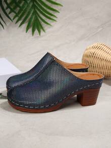 女士时尚穆勒鞋：粗跟设计，休闲百搭，可搭配牛仔裤/裙子，优雅波西米亚风搭扣装饰 - 寶藍色 - 查看 6