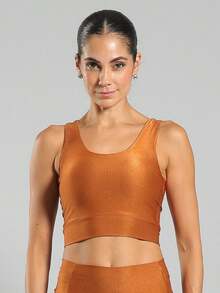 FITNATION Leggings Set With Waistband Pocket + Longline Cropped Top In Micro-Ribbed Fabric With SHINE And HIGH Elasticity And Support. - Terracotta - View 5