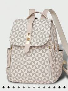 Women's Anti-Theft Geometric Pattern PU Soft Leather Backpack, Multifunctional Fashion Daily Bag, Multi-Pocket Lightweight Travel Bag, Large Capacity Minimalist Bookbag, Convenient Backpack Suitable For Students, Nurses, Teachers, Business Professionals, Travel, Commuting, Shopping, Office, Dating, Hiking, Training, Work, Birthday Gift, Holiday Gift - 彩色 - 查看 14